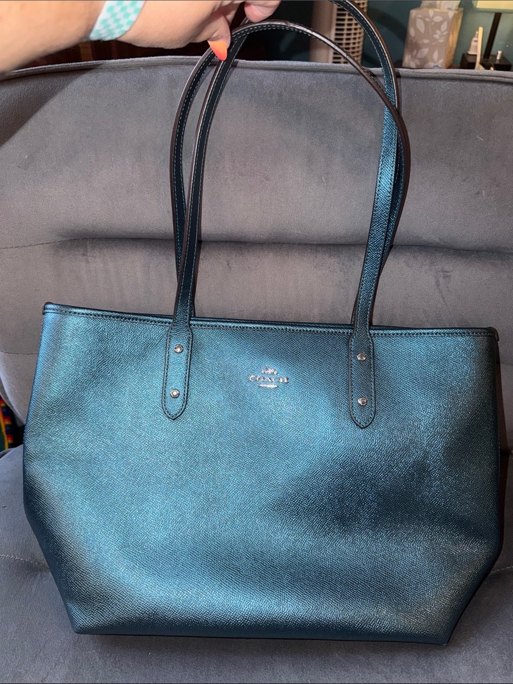 Coach City Metallic Teal Saffiano Leather Tote